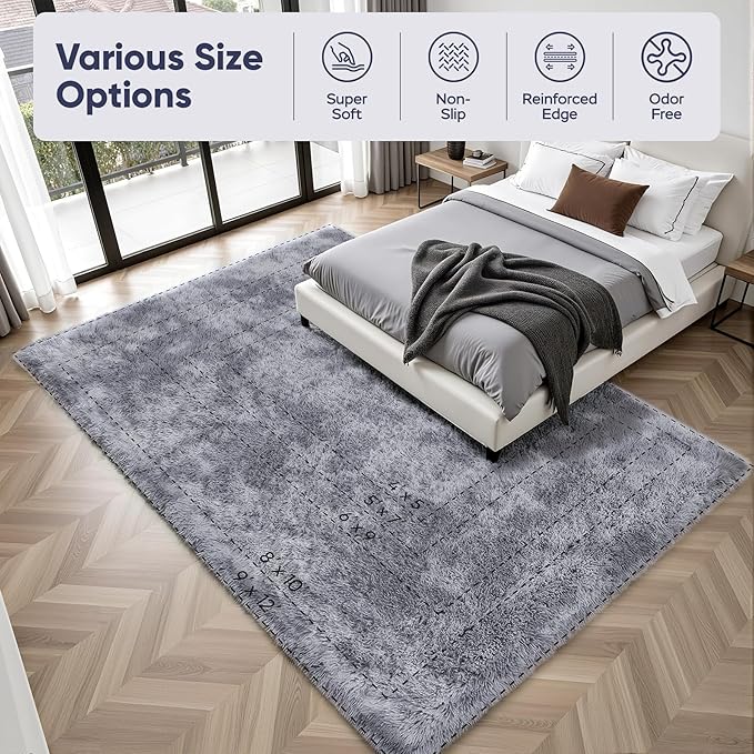 Area Rug for Living Room Bedroom: 6x9 Light Grey Soft Fluffy Shag Upgrade Non-Slip High Pile Carpet Large Fuzzy Plush Indoor Floor Decor Shaggy Rug for Kid Boys Girls Playroom Nursery Modern Home