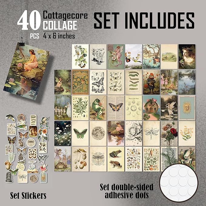 97 Decor Vintage Fairycore Decor - 40 Pcs Cottagecore Decorations For Bedroom, Fairy Room Decors Aesthetic, Nature Cottage Core Wall Art, Earthy Vintage Wall Collage Kit For Teen Girls Dorm (4x6)