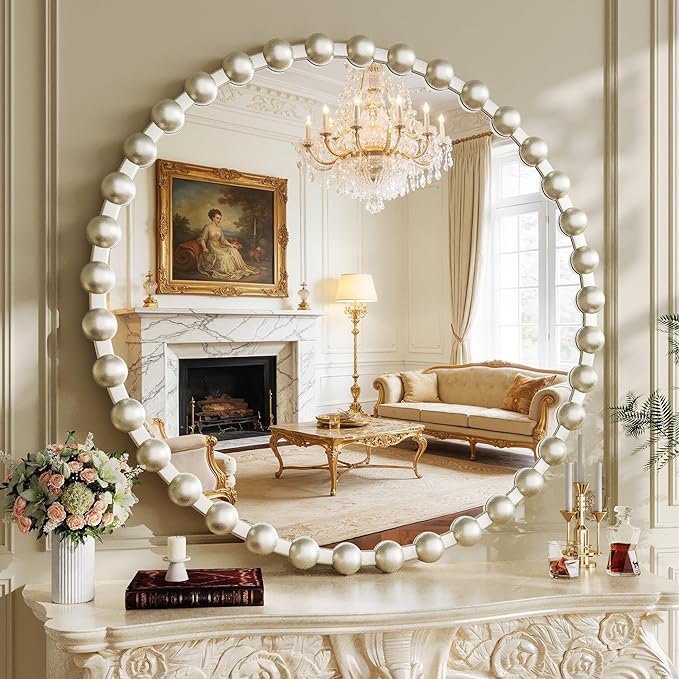 Round Vanity Wall Mirror, 36 Inch Beaded Frame Circle Mirror for Bathroom, Bedroom Dresser, Entryway, Living Room, Decorative Hanging Wall Mirror, Silver