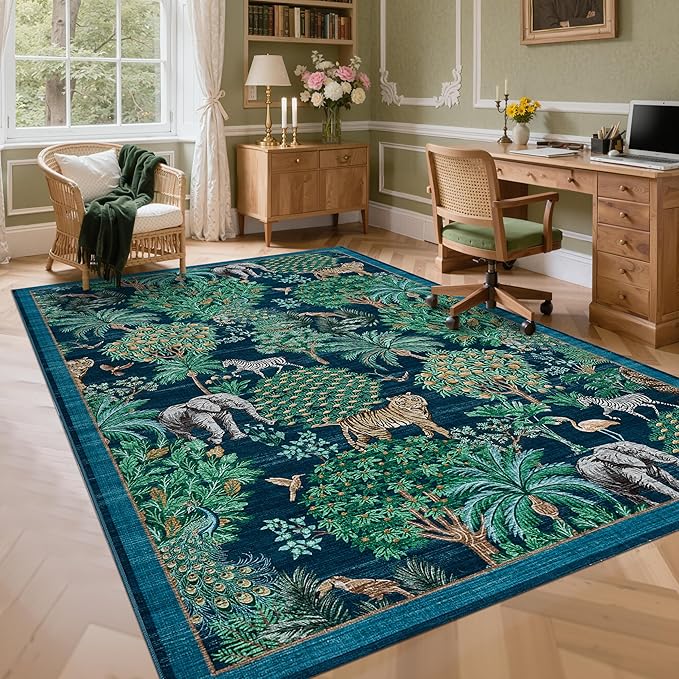 GarveeHome Jungle Animal Print Rug 5x7 Washable Area Rugs for Living Room, Forest Rug Non Slip Low Pile Stain Resistance Large Throw Carpet for Bedroom Dining Room Kids Playroom Nursery, Blue