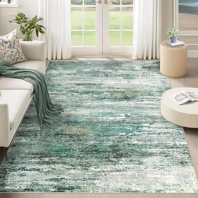 XLUEZ 5x7 Area Rugs for Living Room, Washable Modern Abstract Large Area Rug Neutral Soft Non Slip Kids Rug Stain Resistant Indoor Carpet for Bedroom Nursery Dining Room Playroom(Green, 5'x7')