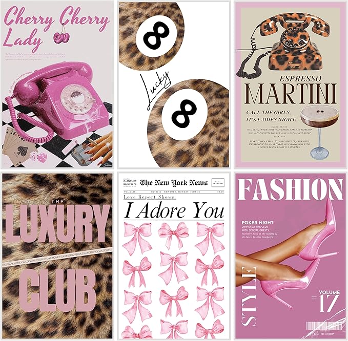 ZxXzkwpP Pink Cheetah Print Room Decor Poster, Trendy Fashion Leopard Print Wall Art Aesthetic Lucky 8 Ball Poster Coquette Preppy Y2k Red Funky Art For Bedroom (Pink 16x24x6 Unframed)