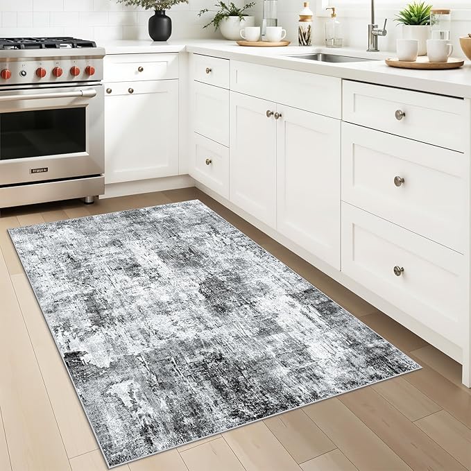 3x4 Washable Entryway Area Rug - Non-Slip Modern Small Indoor Mat for Bathroom,Living Room,Bedroom - Abstract Neutral Soft Low-Pile Throw Carpet with Rubber Backing（Grey）