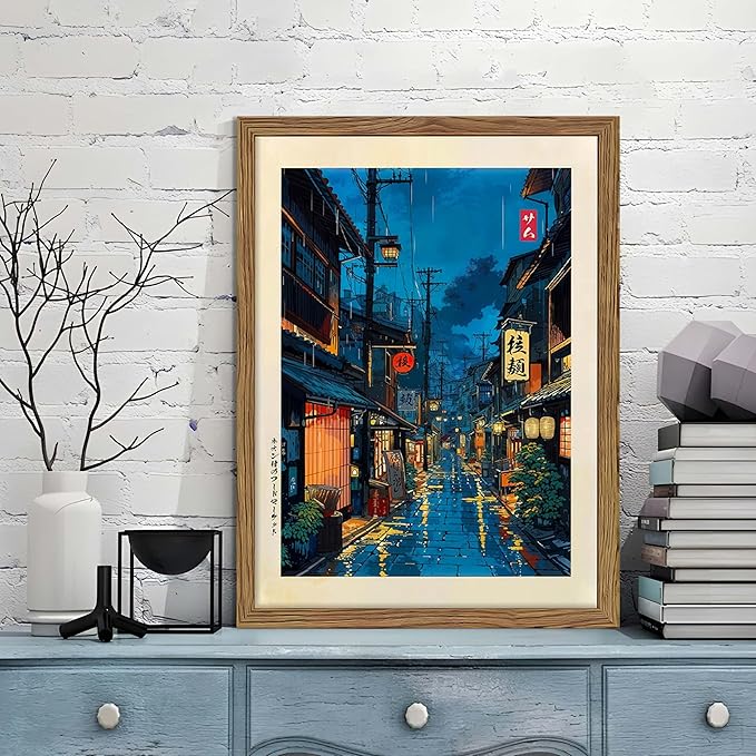 Framed Japanese Wall Art, Asian Tokyo Tea House Canvas Wall Decor Painting, Cool Japanese Night Posters Prints Pictures for Bedroom Living Room Bathroom Home Decor 12x16 Inch