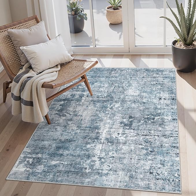 Soalmost 3x5 Rug, Small Area for Kitchen, Entryway, Machine Washable Non-Slip Throw Rug, Vintage Carpet for Nursery Coffee Table Blue