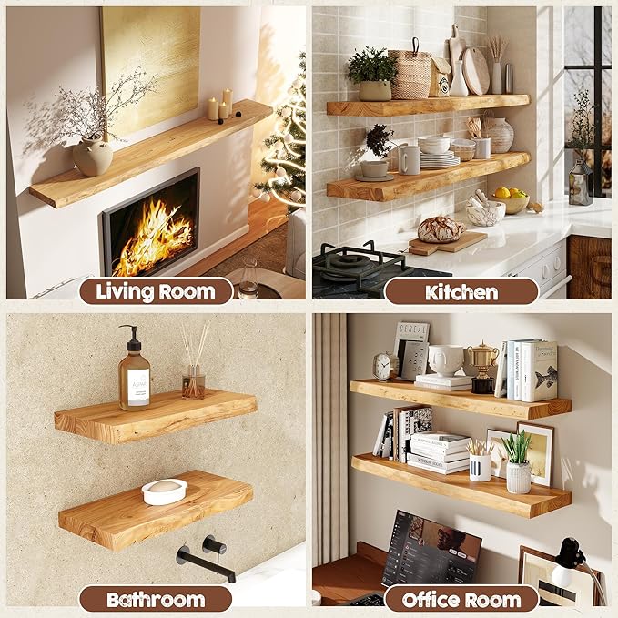 fuqing Live Edge Floating Shelves for Wall 24 inch, 8 Inch Deep Solid Elm Wood Floating Wall Shelves - Rustic Wooden Shelves with Invisible Brackets for Living Room Bedroom Kitchen, 2 Pack, Natural