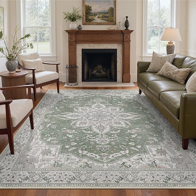 GENIMO 3X5 Washable Vintage Area Rugs for Living Room, Non-Slip Low Pile Chenille Print Rug, Soft Rugs for Bedroom Dining Room Home Office, Sage & Linen
