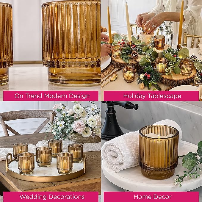 Kate Aspen Vintage Glass Tealight & Amber Votive Candle Holders (Set of 6) Rustic Fluted Candle Holder Set, Boho Home Decor, Wedding Table Centerpieces, Farmhouse Kitchen Table Decor