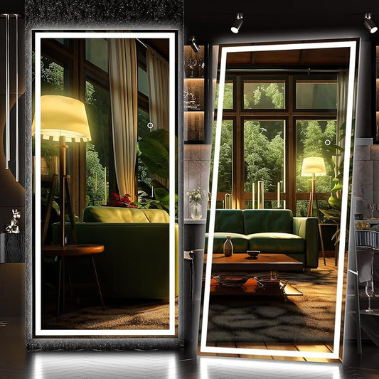 Hasipu Full Length Mirror with Lights, 71" x 32" LED Lighted Floor Standing, Full Body Dressing Hanging Mounted Mirror, Tempered Glass, Square Black