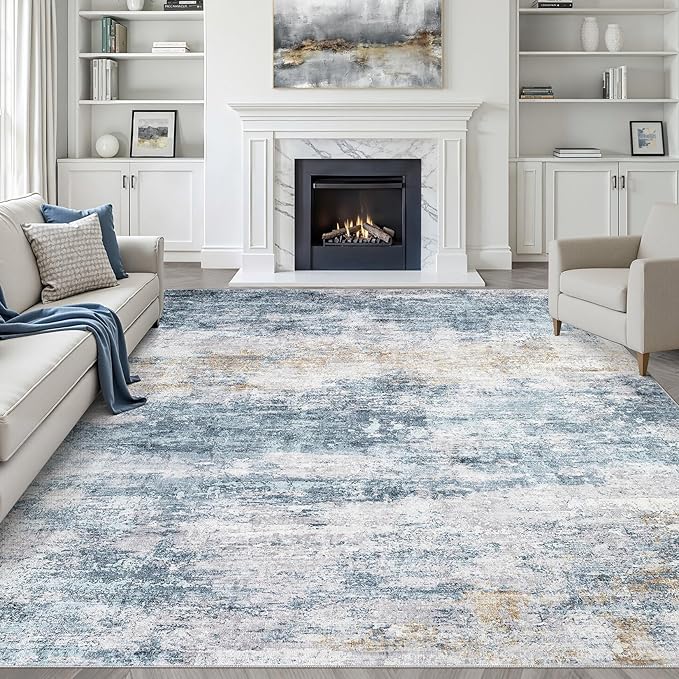 7x9 Area Rug Living Room: Washable Large Neutral Rug Abstract Soft Modern Stain Resistant Indoor Floor Non-Slip Carpet for Bedroom Nursery Kids Office Playroom Dining Room Under Table- Blue Gold