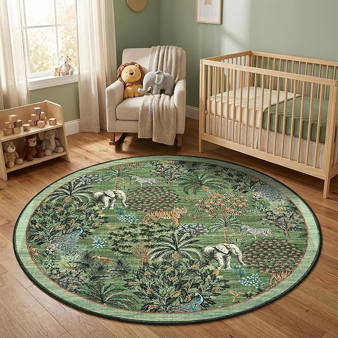 GarveeHome Jungle Round Washable Rugs 4ft Non-Slip Soft Round Rug for Kids Room, Animal Print Tiger Circle Carpet for Bedroom Entryway Playroom Nursery, Forest Green