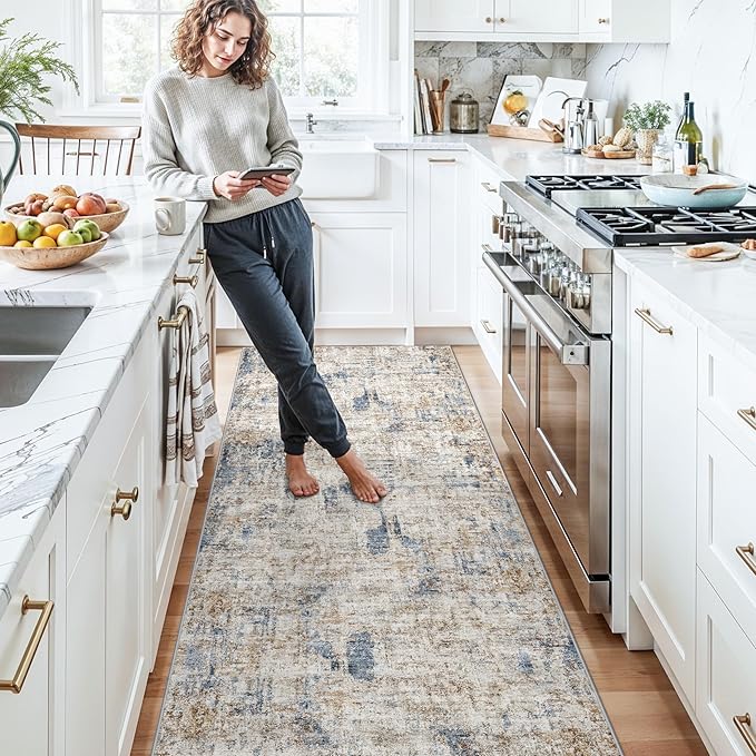 3x10 Ft Long Hallway Runner Rug - Non-Slip Washable Kitchen Runner Rug with Rubber Backing | Modern Abstract Wide Floor Carpet Runner for Indoor Entryway, Bedroom, Living Room （Blue Brown）