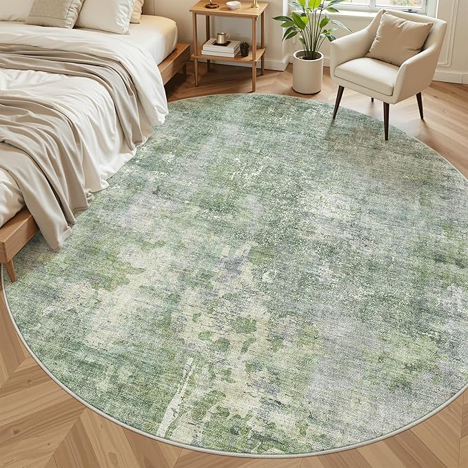 Soalmost 9x9 Green/Ivory Round Rug 9ft Living Room Circle Rug Vintage Round Area Rug Non Slip Indoor Carpet for Apartment