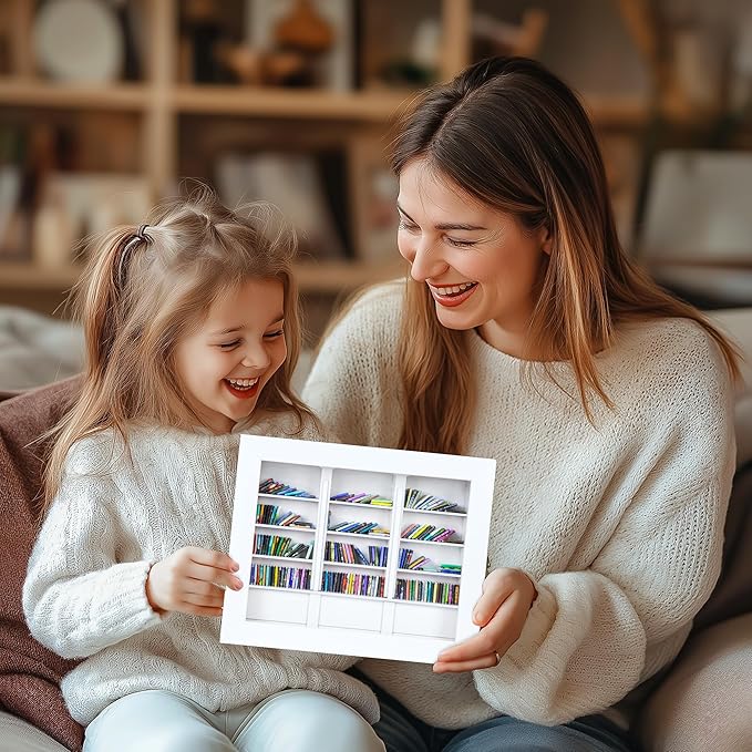 Anxiety Mini Bookshelf Mini Books with 300PCS Mini Bookshelf Shake Away Your Anxiety Wooden Miniature Book Library for Stress Relief, Home and Office Decor, Unique Gift for Book Lovers - White