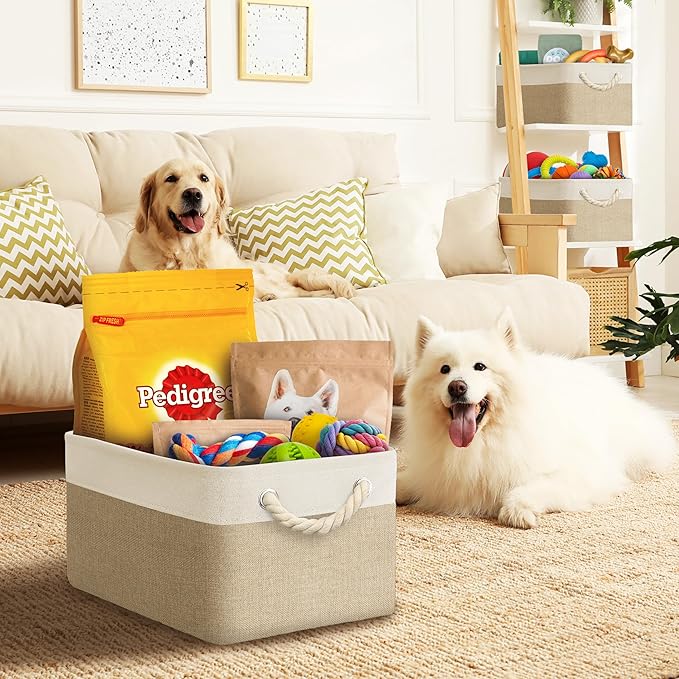 Simple Houseware 15.7" x 12" Wide & Low Fabric Storage Bin for Shallow Gaps and Closet, Braided Handles, 3 Pack, Beige