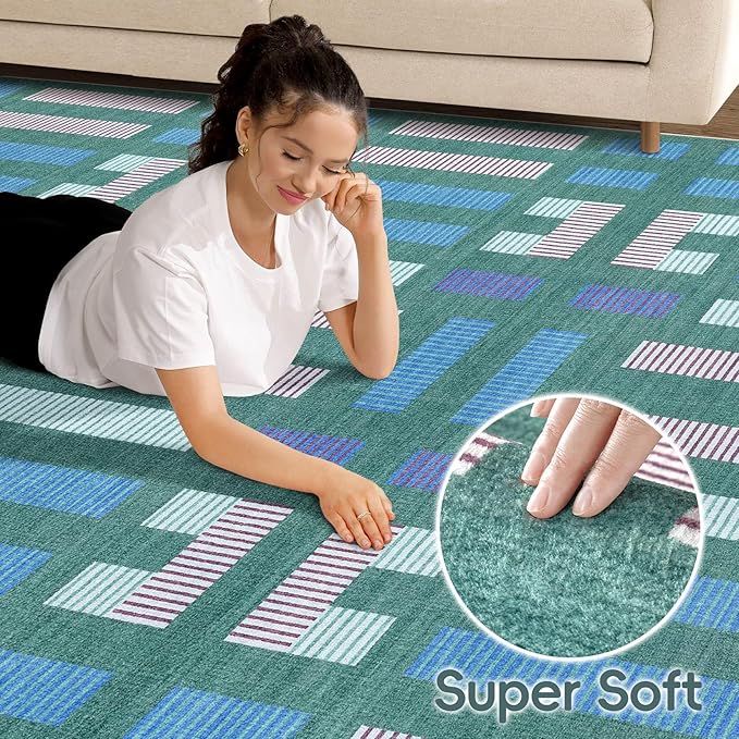 cotiled 9x12 Area Rug Living Room: Washable Boho Rugs with Non Slip Backing Large Soft Indoor Stain Resistant Carpet for Bedroom Farmhouse Dining Room Lightweight Home Decor Green