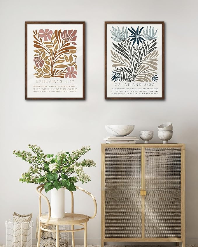 EcoHest Christian Bible Verse Floral Framed Wall Art, 12x16 in Walnut Color OAK Wood Boho Abstract Flowers Canvas Wall Art, Galatians 2:20 Home Decor, Beige Logs Christ 1pack for Bedroom Living Room