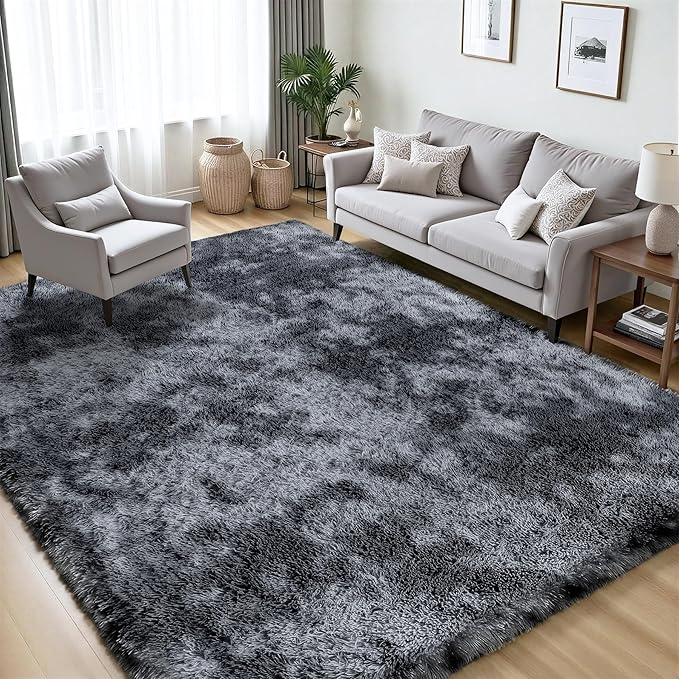 Area Rug for Living Room Bedroom: 4x6 Black Grey Soft Fluffy Shag Upgrade Non-Slip High Pile Carpet Large Fuzzy Plush Indoor Floor Decor Shaggy Rug for Kid Boys Girls Playroom Nursery Modern Home