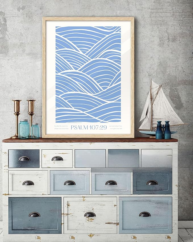 EcoHest Modern Christian Ocean Waves Framed Wall Art, Large 16x20 in OAK Wood Christian Psalm 107:29 Canvas Wall Art, Beige Logs Storm Home Decor Set of 1 for Bedroom Living Room