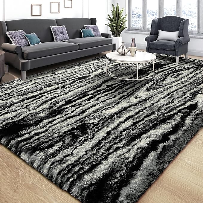 Tepook Fluffy Large Rugs for Living Room, 8x10 Area Rugs for Bedroom, Modern Shag Fuzzy Carpets for Kids Boys Girls, Plush Indoor Nursery Home Decor Rug with Non-Slip Bottom, Black White