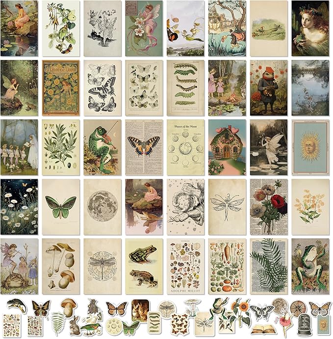 97 Decor Vintage Fairycore Decor - 40 Pcs Cottagecore Decorations For Bedroom, Fairy Room Decors Aesthetic, Nature Cottage Core Wall Art, Earthy Vintage Wall Collage Kit For Teen Girls Dorm (4x6)