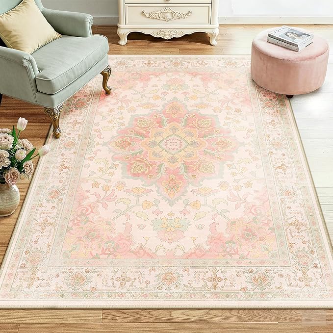 CAPALOCA Machine Washable Rugs Nursery Rug 3x5 Cute Girl Non Slip Low Pile Water Repellent Soft Print Pattern for Bedroom Indoor Decor Kids Playroom Pink Green