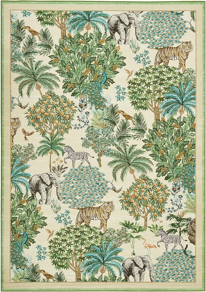 GarveeHome Jungle Rug 10x13 Washable Area Rugs for Living Room, Beige Animal Print Rug Non Slip Low Pile Forest Stain Resistance Large Throw Carpet for Kids Bedroom Nursery Playroom Dining Room