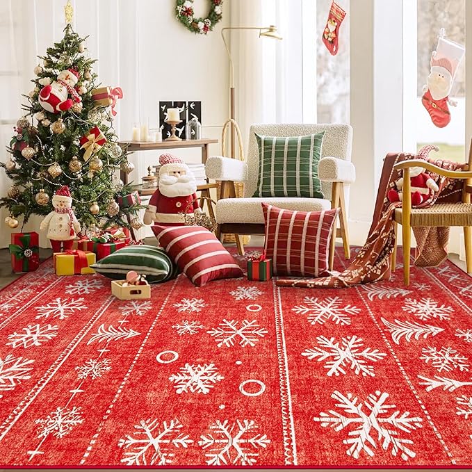 XLUEZ Christmas Area Rug 8x10 Living Room Rugs, Machine Washable Boho Christmas Tree Snowflake Rug Non-Slip Soft Low Pile Holiday Indoor Rugs for Bedroom Kitchen Dining Room Office(Xmas Red, 8'x10')