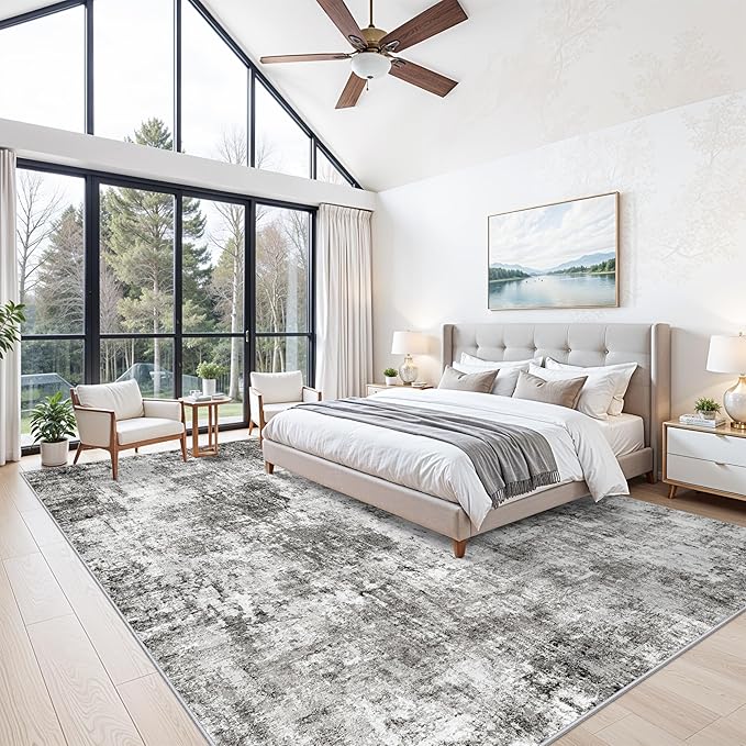 10x14 Area Rug Living Room – Washable Large Neutral Modern Abstract Soft Low Pile Non-Slip Thin Carpet for Bedroom, Dining Room, Home Office (Grey)