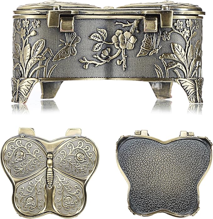 Hipiwe Butterfly Shape Jewelry Organizer Box Vintage Metal Jewelry Trinket Box Small Treasure Chest Ring Holder Earrings Necklace Storage Box Keepsake Box, Bronze
