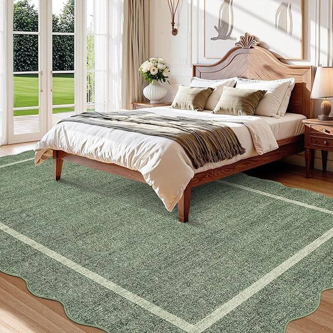 GarveeHome Scalloped Washable Area Rug 6x9 Rug for Living Room Modern Rug Non Slip Throw Rugs Large Rugs for Bedroom Low Pile Non Shedding Stain Resistant Carpet for Dining Room 6'x9' Greyish Green