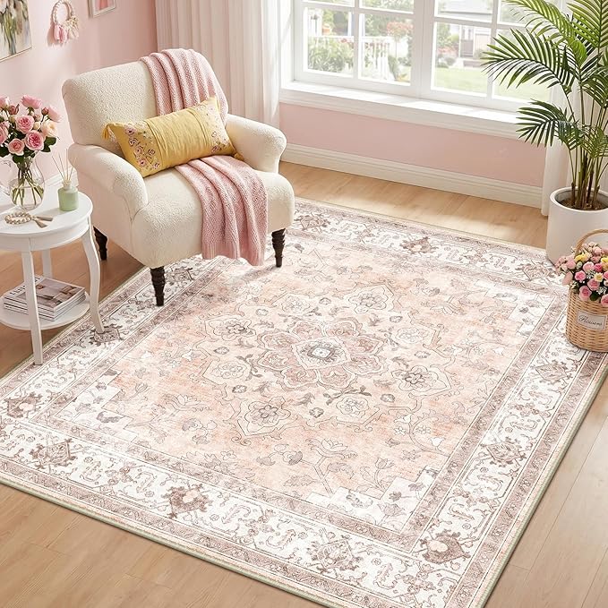 CAPALOCA Machine Washable Rugs Nursery Rug Sq5ft Cute Girl Non Slip Low Pile Water Repellent Soft Print Pattern for Bedroom Indoor Decor Kids Playroom Pink