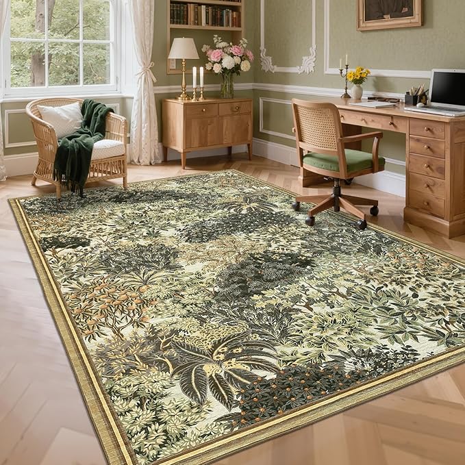 GarveeHome Forest Rugs 8x10, Brown Green Washable Area Rugs for Living Room 8x10, Botanical Low Pile Non Slip Stain Resistance Woodland Rug for Farmhouse Bedroom Dining Room