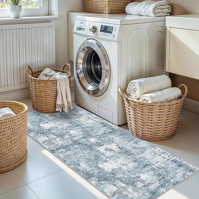 2x6 Washable Non-Slip Hallway Runner Rug – Modern Abstract Soft Carpet Runner for Kitchen, Bedroom with Rubber Backing – Low-Pile Thin Stain-Resistant Rug for Laundry Room, Entryway (Blue Grey)