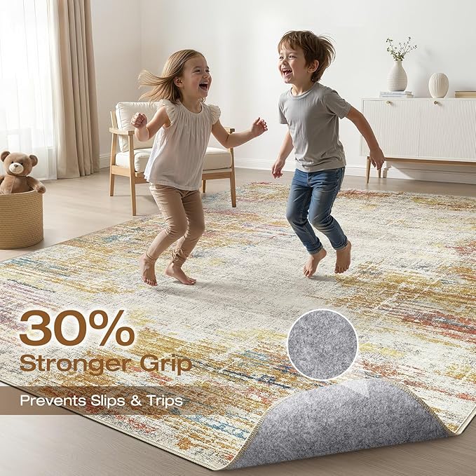 8x10 Area Rugs Living Room: Washable Large Neutral Rug Abstract Soft Modern Stain Resistant Indoor Floor Non-Slip Carpet for Bedroom Nursery Kids Classroom Playroom Dining Room Office- Gold Colorful