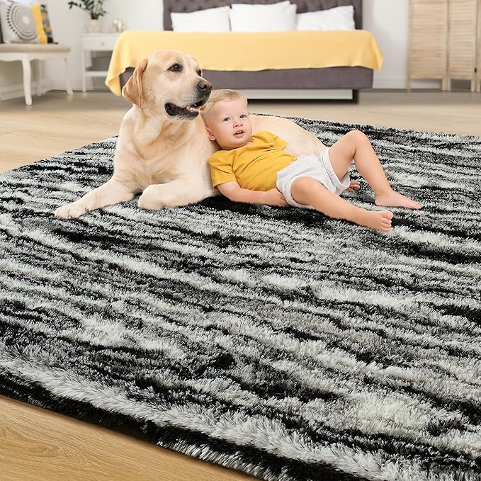 Tepook Fluffy Large Rugs for Living Room, 8x10 Area Rugs for Bedroom, Modern Shag Fuzzy Carpets for Kids Boys Girls, Plush Indoor Nursery Home Decor Rug with Non-Slip Bottom, Black White