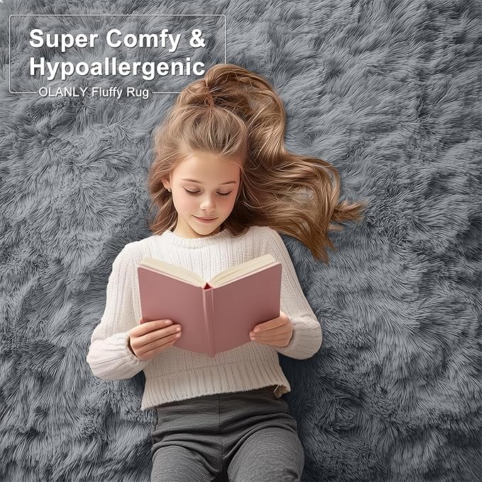 OLANLY 5x12 Machine Washable Large Area Rugs for Living Room, Bedroom, Soft Fluffy Shaggy Bedside Rug, Indoor Floor Carpet for Kids Girls and Boys, Dorms, Nursery, Home Decor Aesthetic, Grey