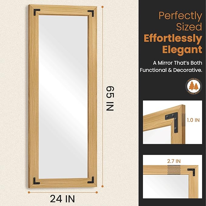 TRAHOME Full Length Mirror with Wooden Frame, 65"X24" Solid Wood Standing Floor Mirror for Farmhouse, Bathroom, Bedroom, Hanging or Leaning Wall-Mounted(Natural)