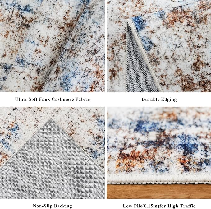 3x8 Washable Non-Slip Runner Rug – Modern Abstract Neutral Wide Carpet Runner for Kitchen, Hallway, Entryway, Bathroom, Bedroom – Low-Pile Thin Floor Mat with Rubber Backing (Blue Brown)