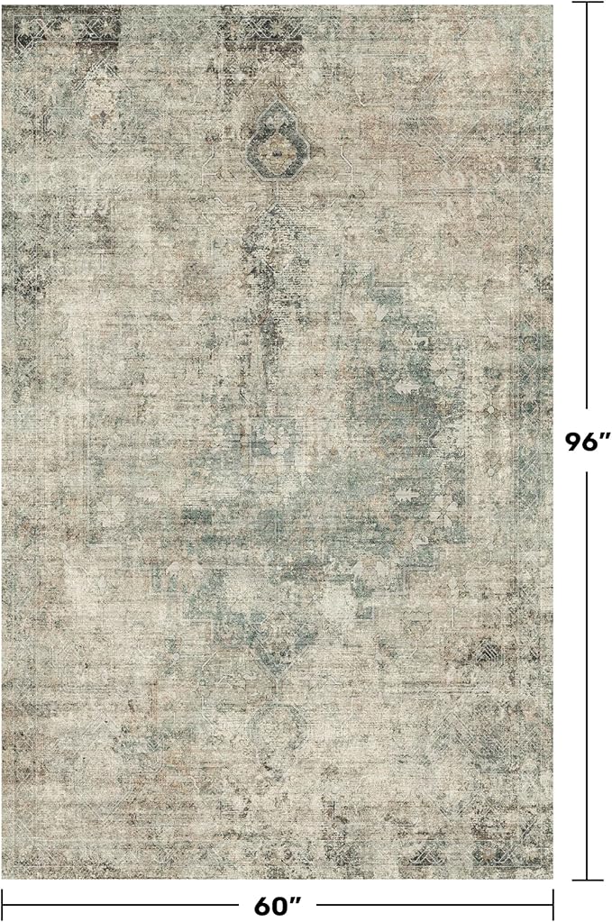 Hazo Haus Tan and Moss Rugs for Dining Room - Neutral Abstract Faded Patterned Accent Rug 5x8 for Living Room, Home Office, Bedroom Foldable Soft Washable