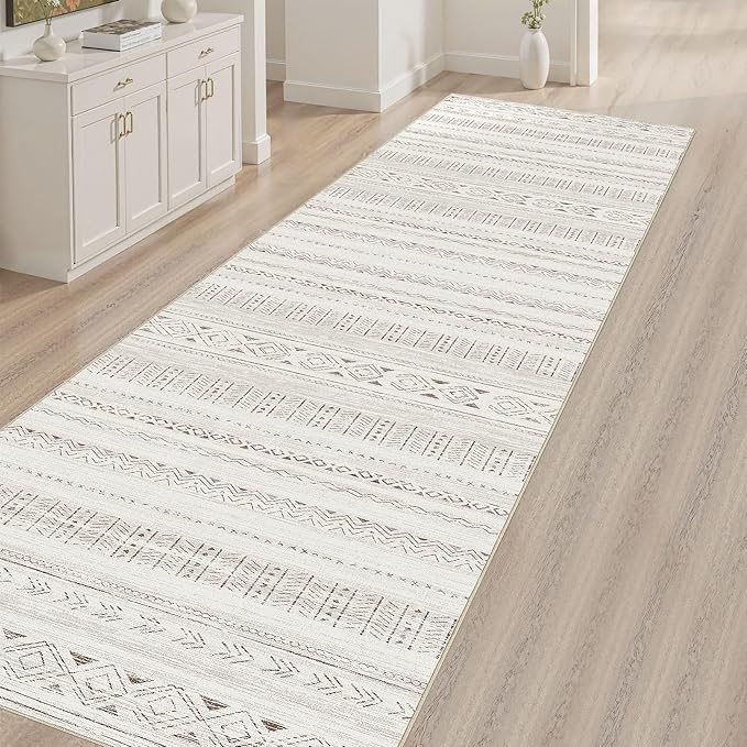 cotiled Hallway 2.6x10 Runner Rugs: Washable Boho Rugs with Non Slip Backing Large Soft Indoor Stain Resistant Carpet for Living Room Bedroom Farmhouse Dining Room Lightweight Home Decor L Brown/Cream