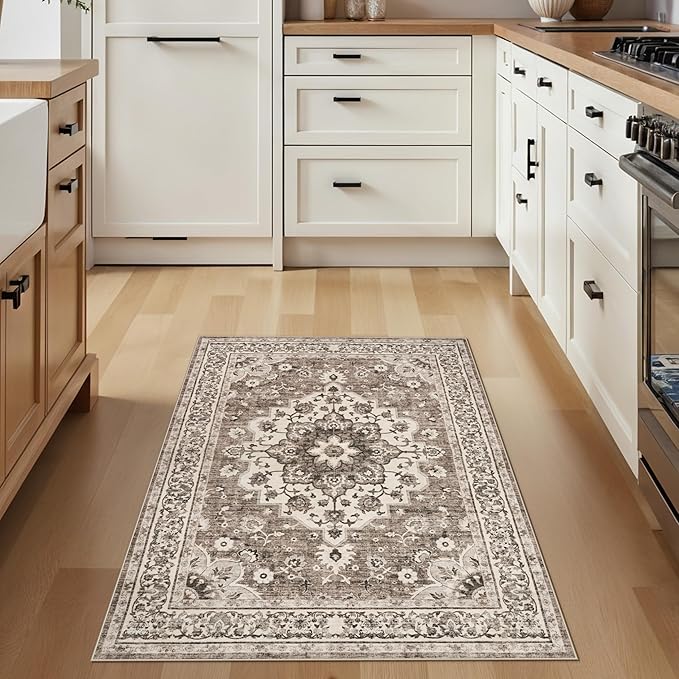TOPRUUG Washable Entryway 3x4 Rug - Area Rugs for Kitchen Bathroom Non-Slip Ultra-Thin Indoor Door Mat Indoor Entrance - Stain Resistant Small Throw Carpet (Beige, 3X4)