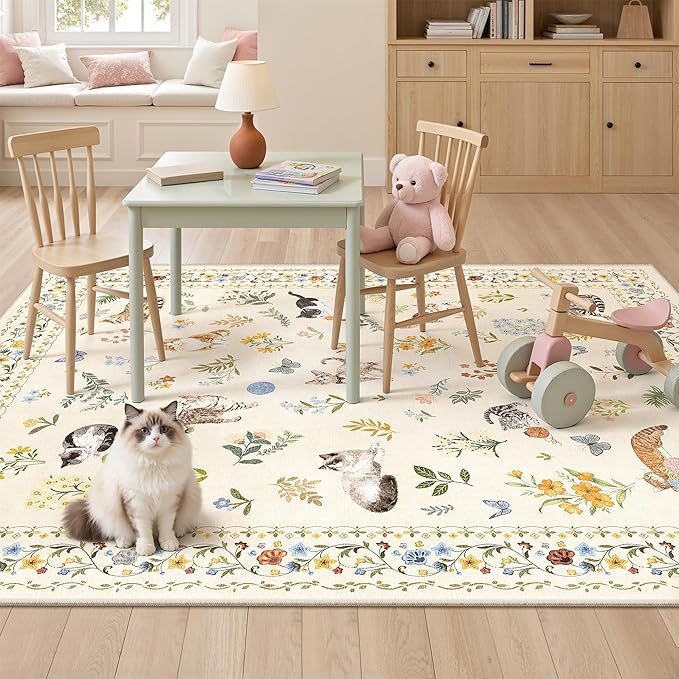 Soalmost Cat 4x6 Area Rugs, Machine Washable Animal Floral Accent Rug Non-Slip Low Pile Soft Throw Rugs for Entryway Kitchen Bedside Living Room Bedroom Nursery Playroom (4 x 6,Beige)
