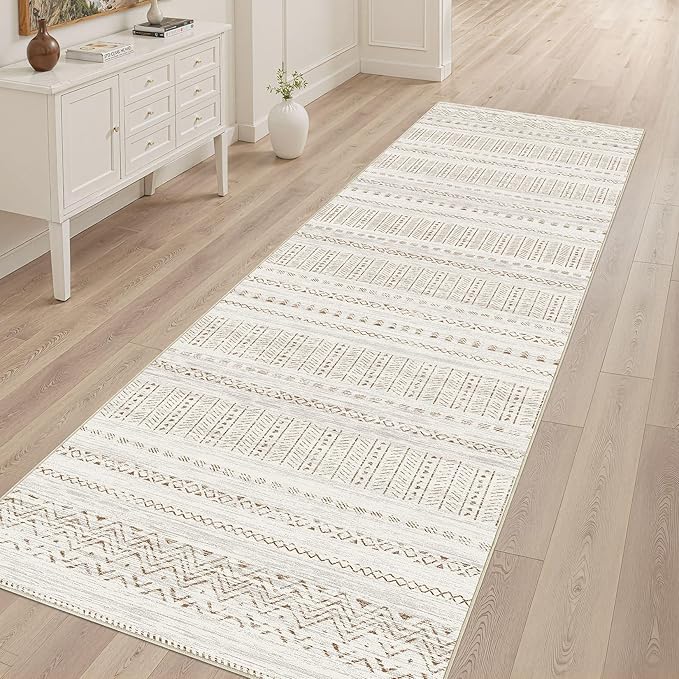 cotiled Hallway 2.6x8 Runner Rugs: Washable Boho Rugs with Non Slip Backing Large Soft Indoor Low Pile Carpet for Living Room Bedroom Farmhouse Dining Room Lightweight Home Decor Brown/Cream