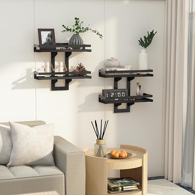 Floating Shelves for Wall, 2-Tier Wood Hanging Decor Storage Shelves, Wall Mounted Floating Shelf for Living Room, Bedroom, Bathroom,Kitchen, Office, Study (2-Pack Black)
