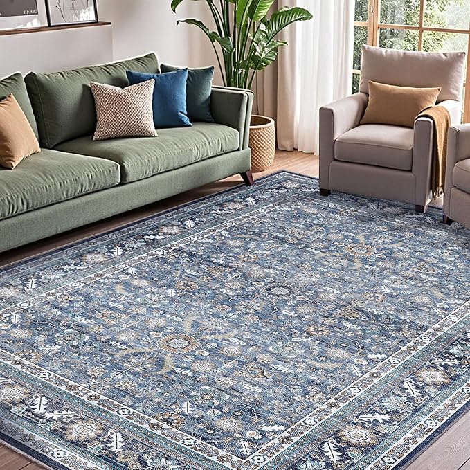 OPPODREAM Vintage Blue Area Rugs 4x6, 4 x 6 Retro Washable Rug Non Slip, Low-Pile Faux Wool Carpet, Distressed Navy Floor Mat for Living Room, Bedroom, Kitchen, Office, Dorm, Dinning Room