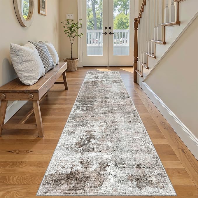 Soalmost Runner Rug 2x8 Washable Non-Slip Hallway Runner Rugs for Kitchen Bathroom Laundry Room Pink/Grey Vintage Floor Carpet Runners for Hallways Entryway