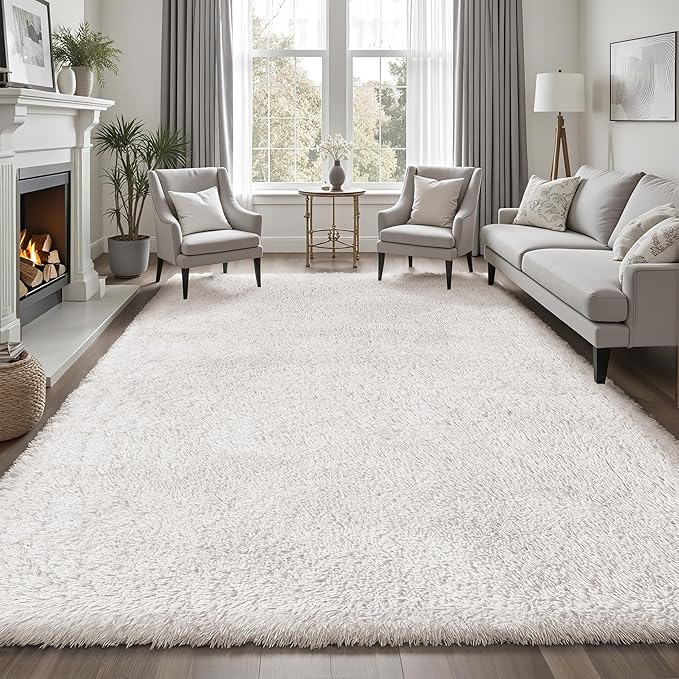 Area Rug for Living Room Bedroom: 9x12 White Soft Fluffy Shag Upgrade Non-Slip High Pile Carpet Large Fuzzy Plush Indoor Floor Decor Shaggy Rug for Kid Boys Girls Dorms Playroom Nursery Modern Home
