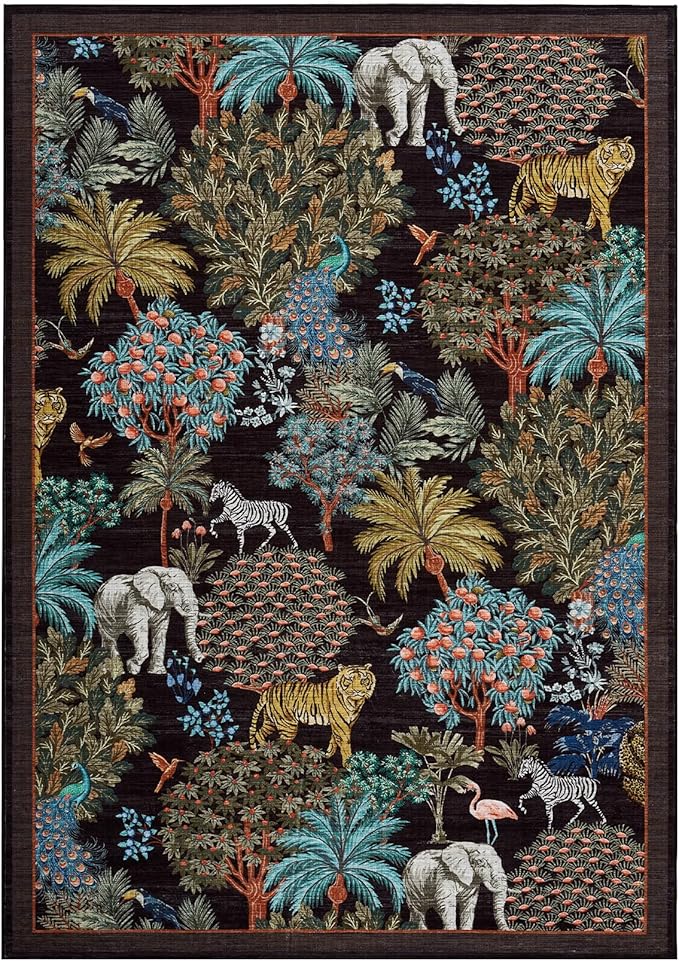 GarveeHome Jungle Animal Print Rug 5x7 Washable Area Rugs for Living Room, Forest Rug Non Slip Low Pile Stain Resistance Large Throw Carpet for Bedroom Dining Room Kids Playroom Nursery, Black