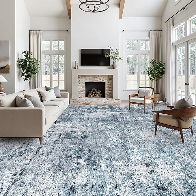Soalmost 10x14 Area Rugs for Living Room, Non Slip Machine Washable Vintage Rugs, Low Pile Lightweight Large Rug for Bedroom, Dining Room, Home Office Blue